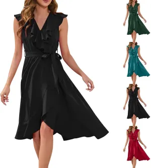 Midi Dresses for Women 2025 Sexy Flowy V Neck Sleeveless Wrap Dress Summer Casual Vacation Slit Beach Maxi Dresses