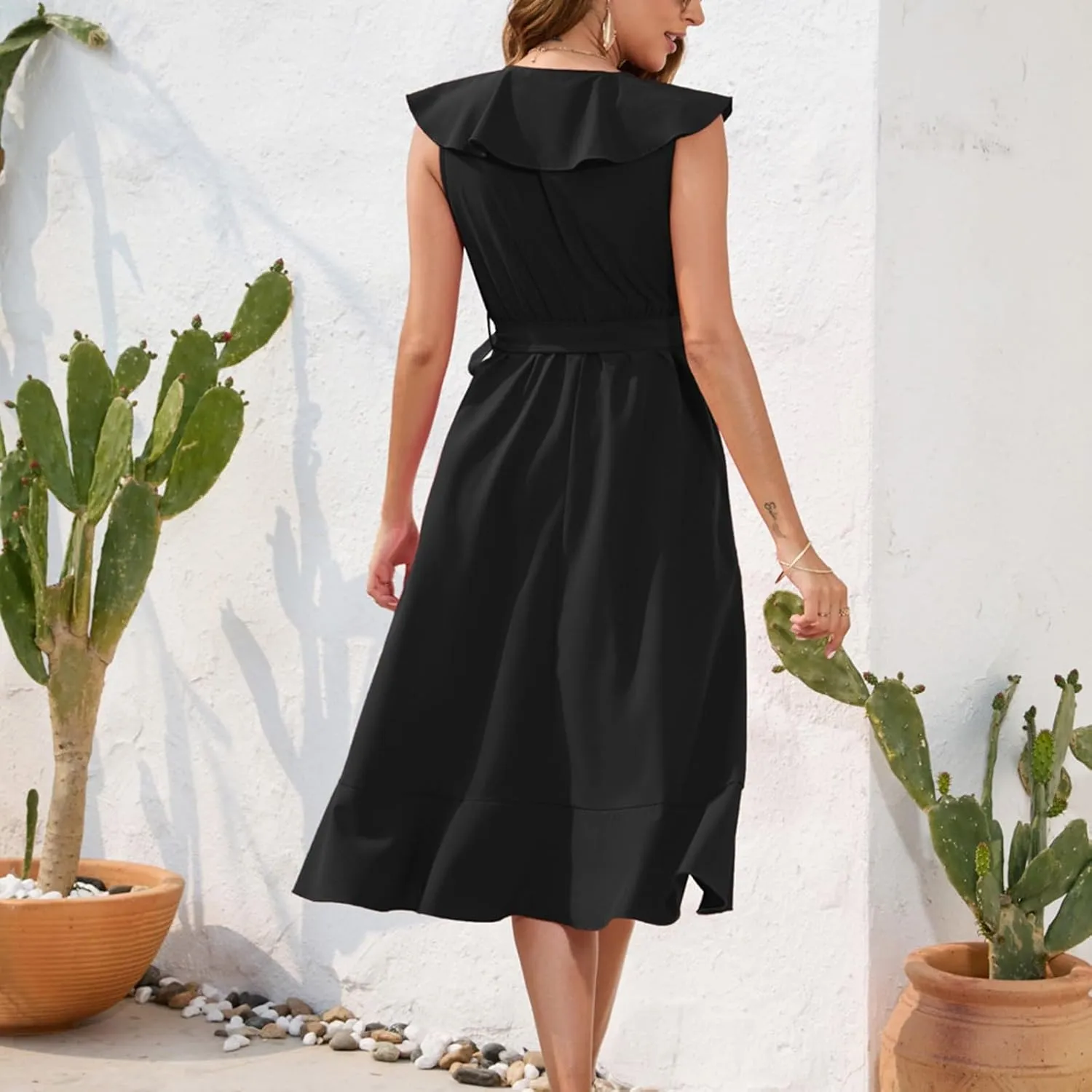 Midi Dresses for Women 2025 Sexy Flowy V Neck Sleeveless Wrap Dress Summer Casual Vacation Slit Beach Maxi Dresses