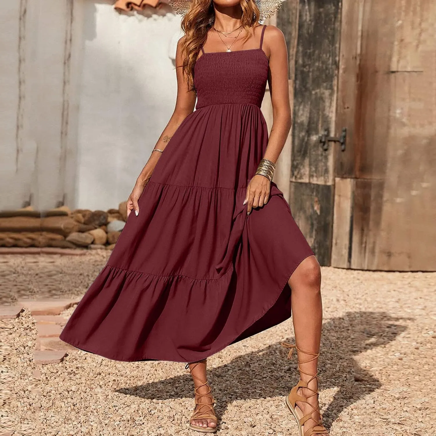Midi Dresses for Women 2025 Summer Trendy Halter Boho Dress Casual Loose Pleated Beach Maxi Dress Long Sundresses