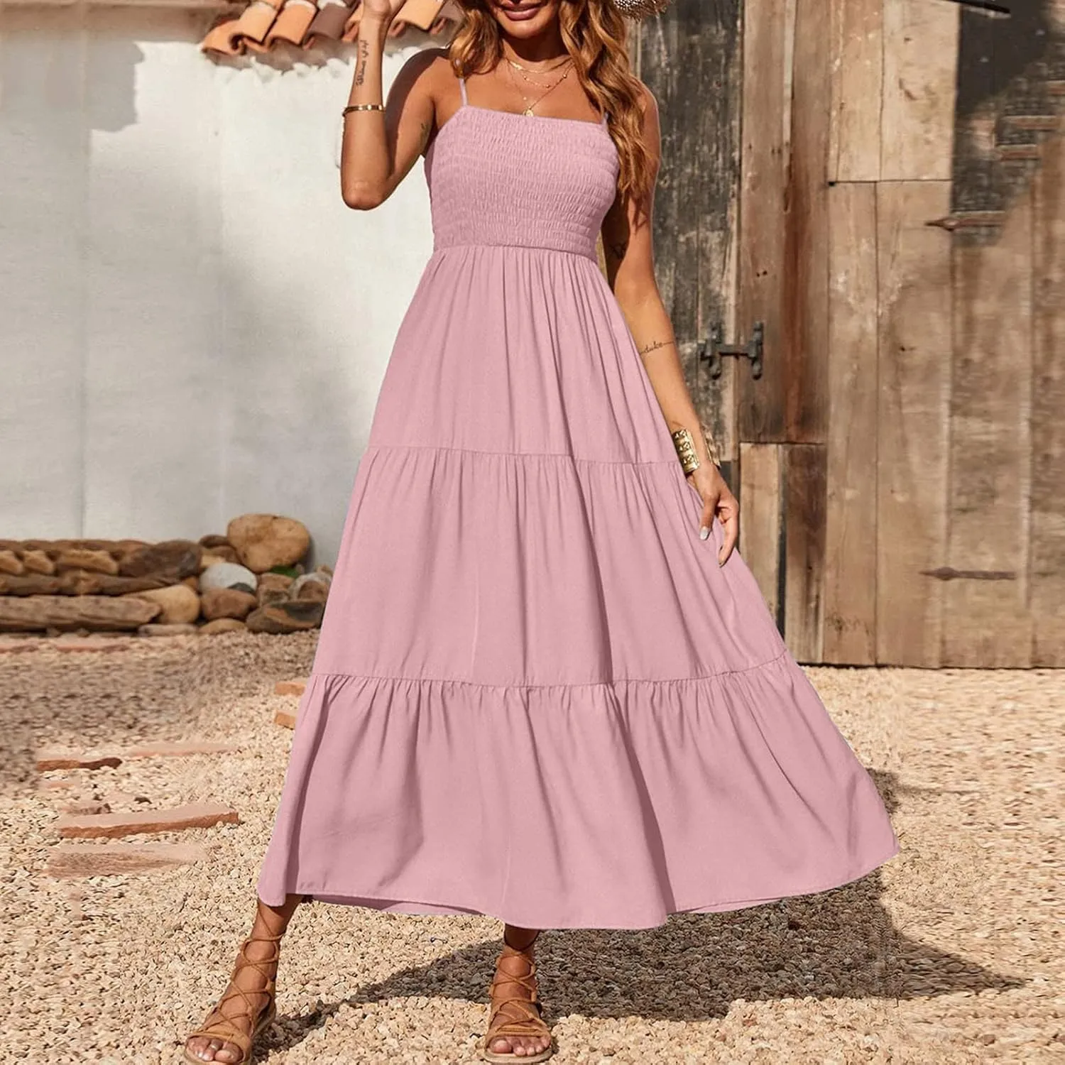 Midi Dresses for Women 2025 Summer Trendy Halter Boho Dress Casual Loose Pleated Beach Maxi Dress Long Sundresses