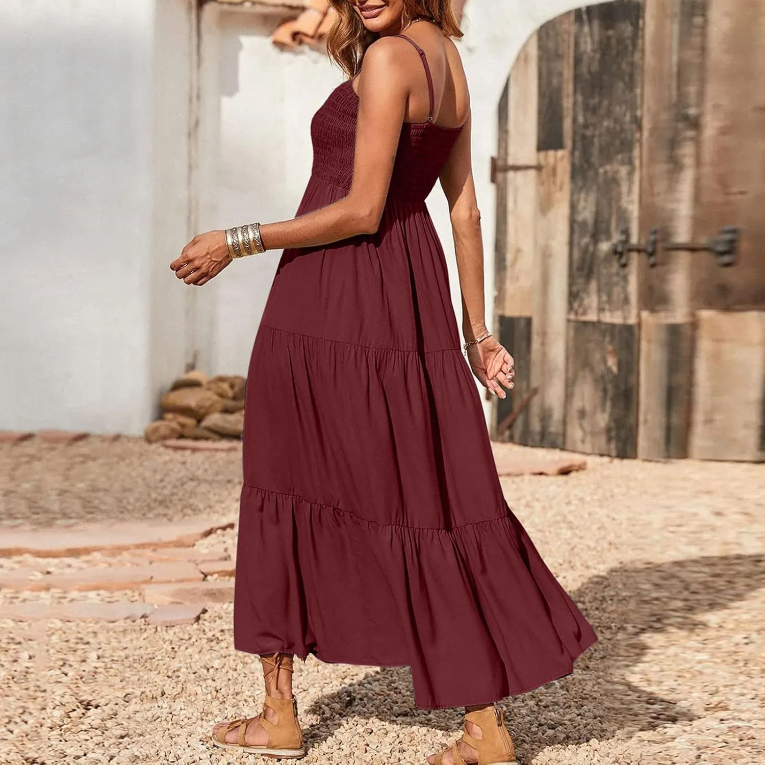 Midi Dresses for Women 2025 Summer Trendy Halter Boho Dress Casual Loose Pleated Beach Maxi Dress Long Sundresses