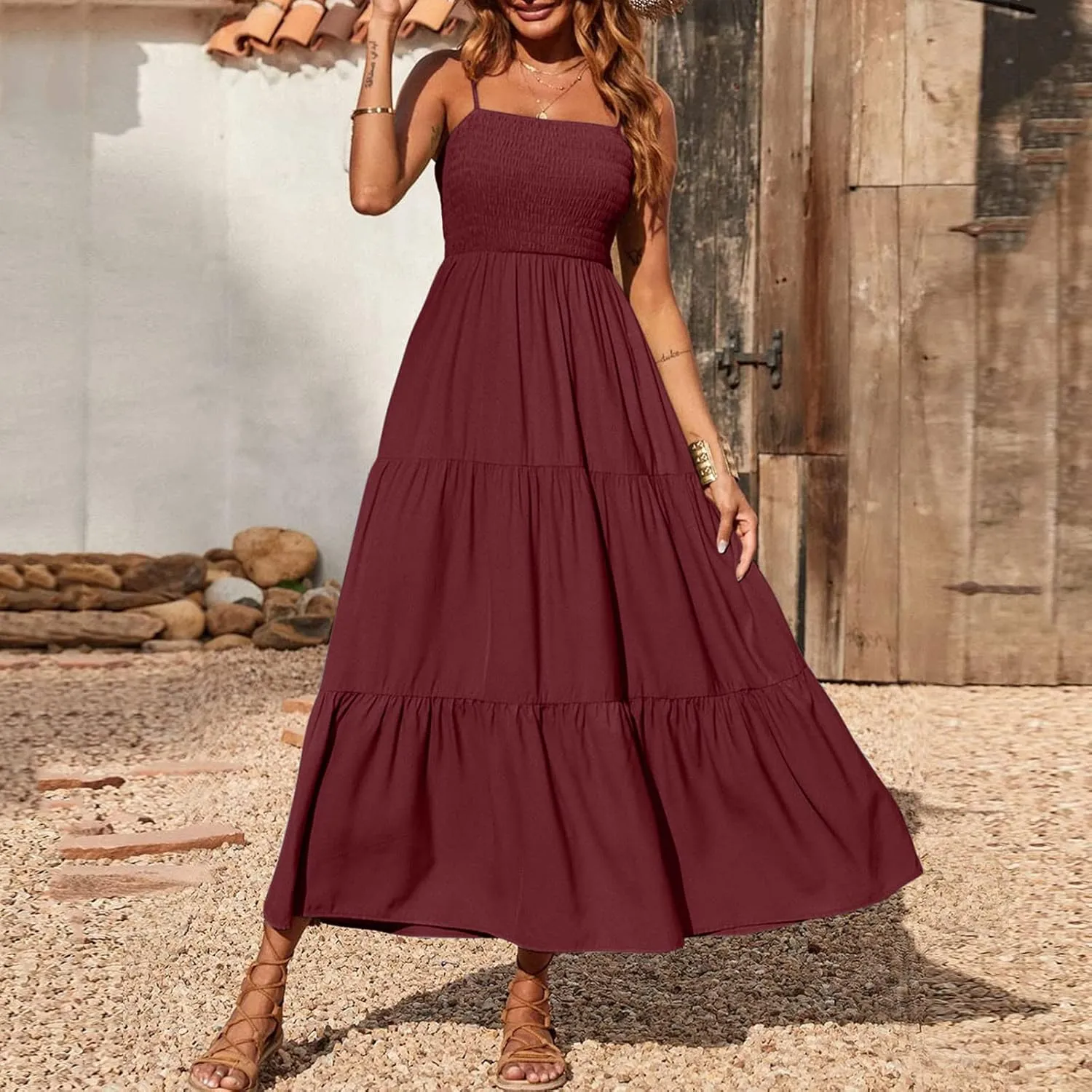 Midi Dresses for Women 2025 Summer Trendy Halter Boho Dress Casual Loose Pleated Beach Maxi Dress Long Sundresses