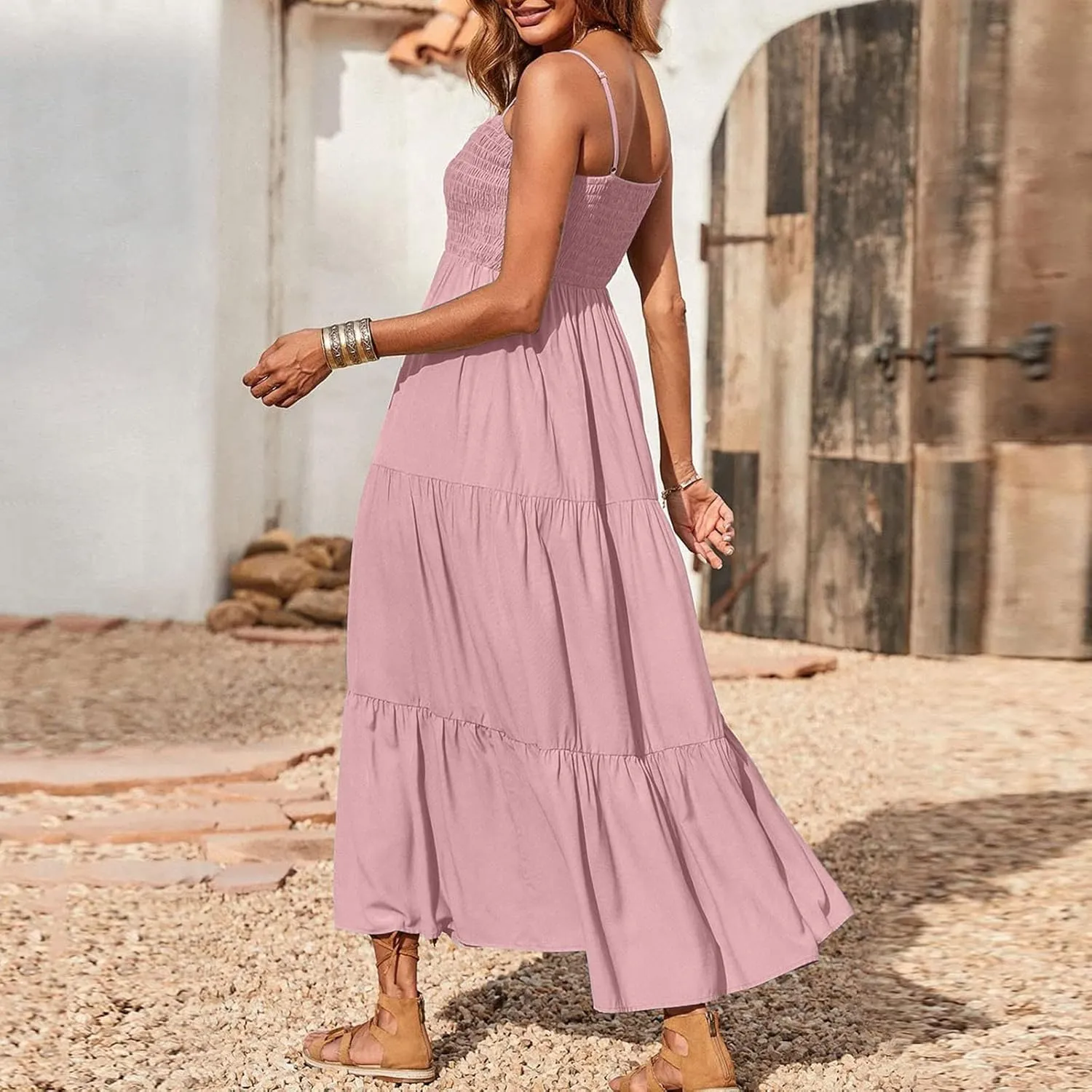 Midi Dresses for Women 2025 Summer Trendy Halter Boho Dress Casual Loose Pleated Beach Maxi Dress Long Sundresses
