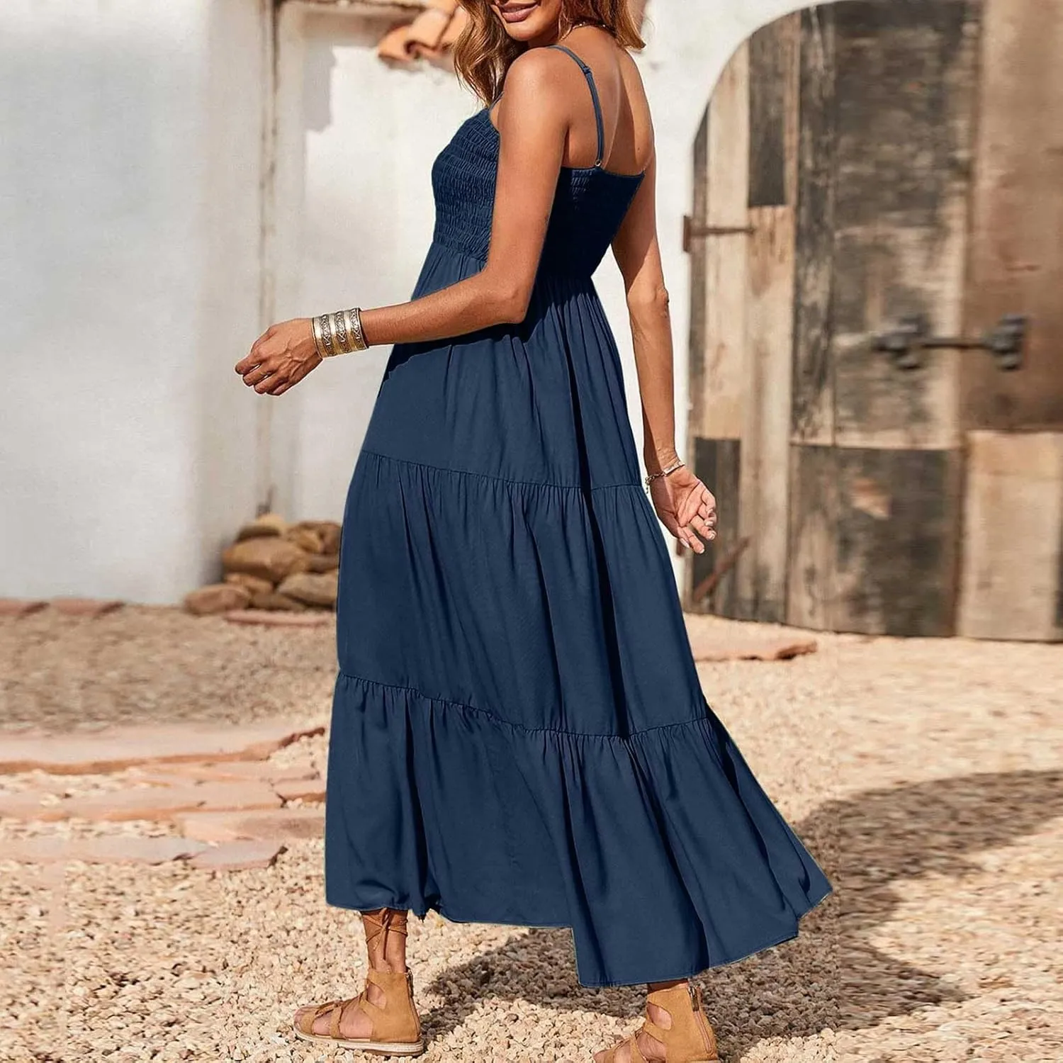 Midi Dresses for Women 2025 Summer Trendy Halter Boho Dress Casual Loose Pleated Beach Maxi Dress Long Sundresses