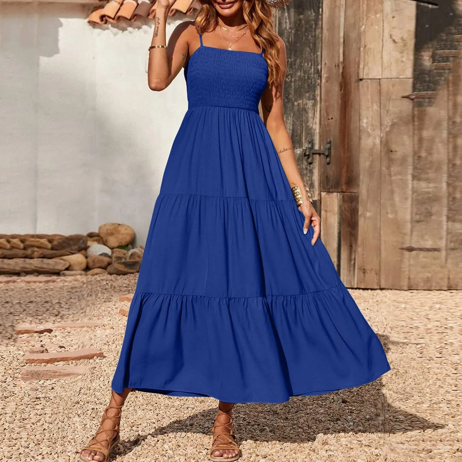 Midi Dresses for Women 2025 Summer Trendy Halter Boho Dress Casual Loose Pleated Beach Maxi Dress Long Sundresses