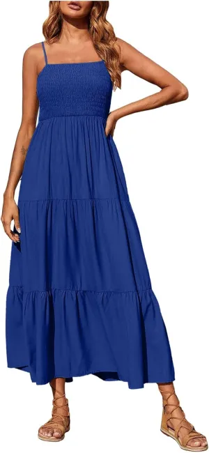 Midi Dresses for Women 2025 Summer Trendy Halter Boho Dress Casual Loose Pleated Beach Maxi Dress Long Sundresses