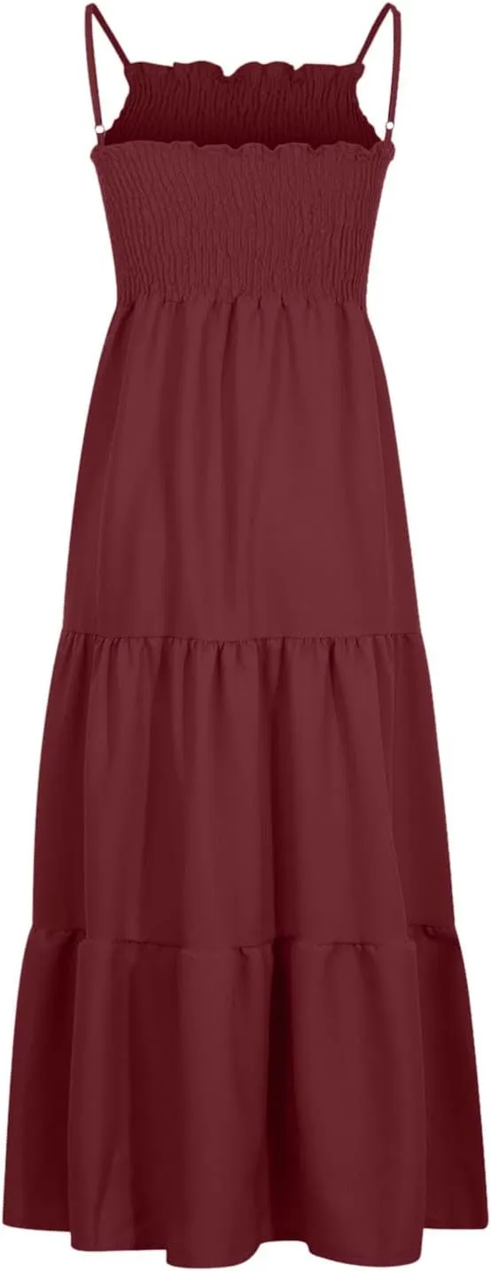 Midi Dresses for Women 2025 Summer Trendy Halter Boho Dress Casual Loose Pleated Beach Maxi Dress Long Sundresses