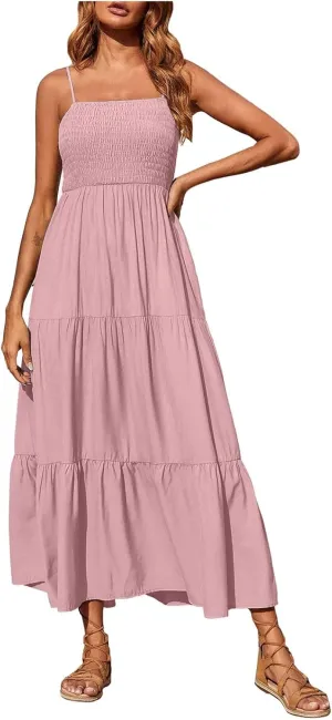 Midi Dresses for Women 2025 Summer Trendy Halter Boho Dress Casual Loose Pleated Beach Maxi Dress Long Sundresses