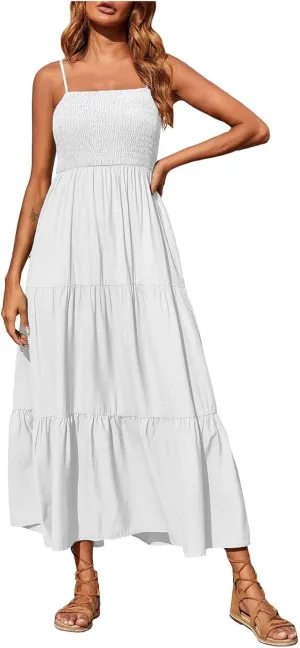 Midi Dresses for Women 2025 Summer Trendy Halter Boho Dress Casual Loose Pleated Beach Maxi Dress Long Sundresses