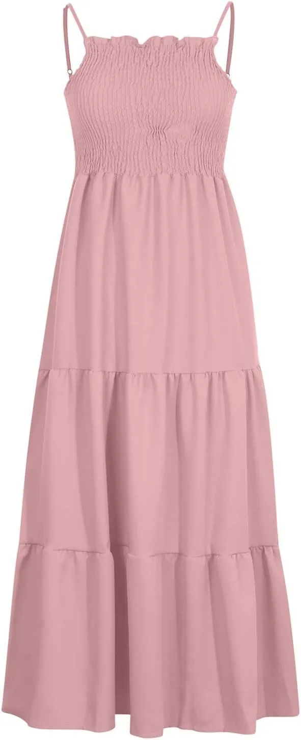 Midi Dresses for Women 2025 Summer Trendy Halter Boho Dress Casual Loose Pleated Beach Maxi Dress Long Sundresses