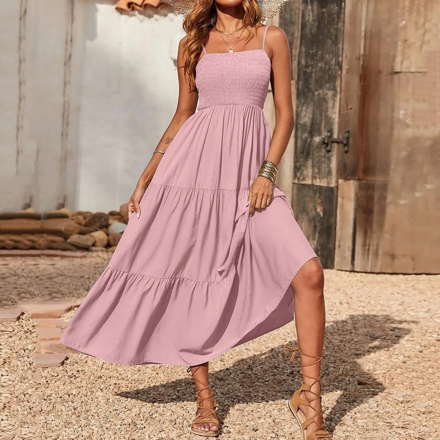 Midi Dresses for Women 2025 Summer Trendy Halter Boho Dress Casual Loose Pleated Beach Maxi Dress Long Sundresses