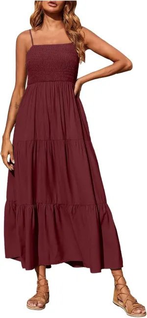 Midi Dresses for Women 2025 Summer Trendy Halter Boho Dress Casual Loose Pleated Beach Maxi Dress Long Sundresses