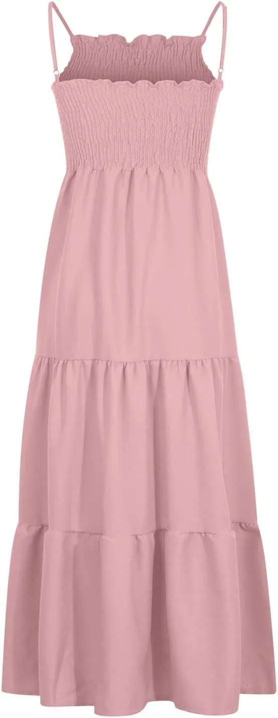 Midi Dresses for Women 2025 Summer Trendy Halter Boho Dress Casual Loose Pleated Beach Maxi Dress Long Sundresses