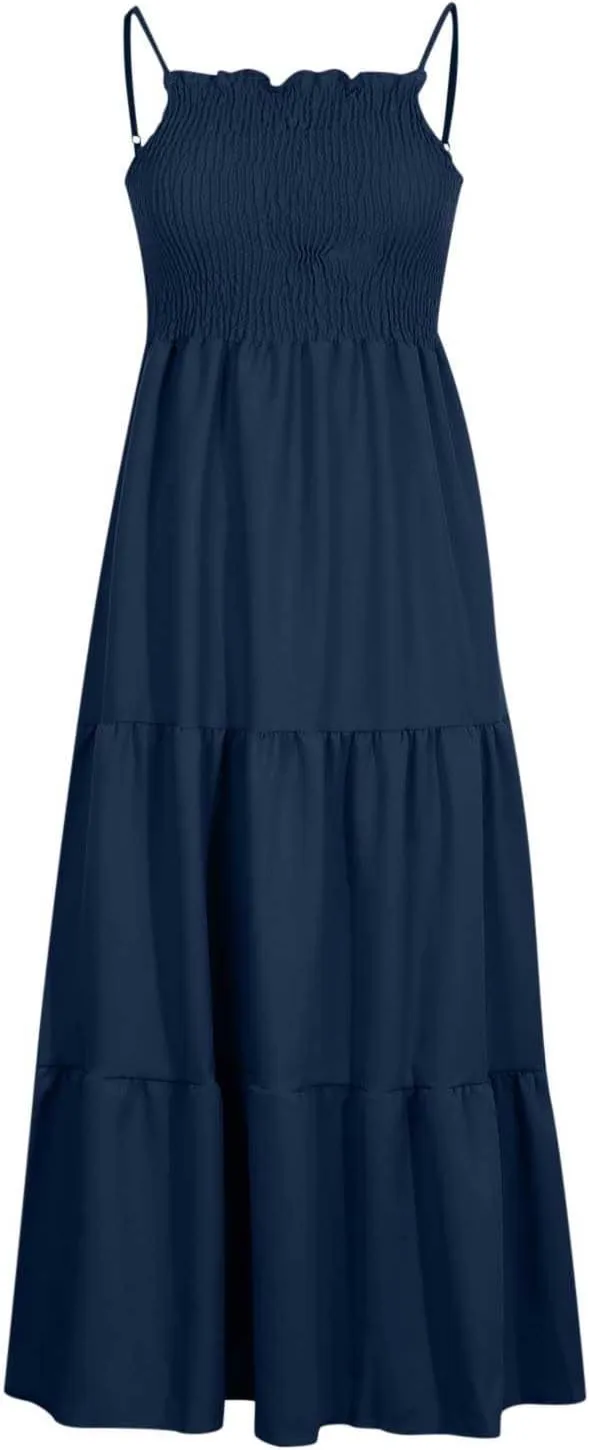 Midi Dresses for Women 2025 Summer Trendy Halter Boho Dress Casual Loose Pleated Beach Maxi Dress Long Sundresses