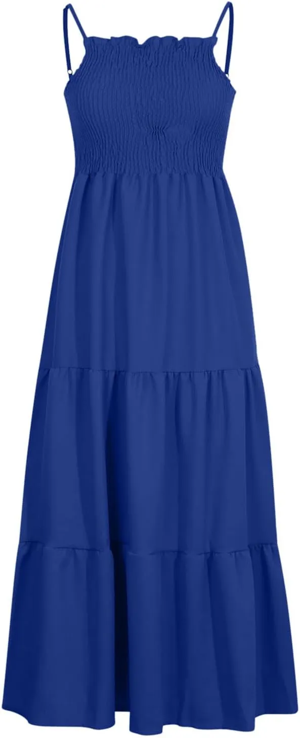 Midi Dresses for Women 2025 Summer Trendy Halter Boho Dress Casual Loose Pleated Beach Maxi Dress Long Sundresses