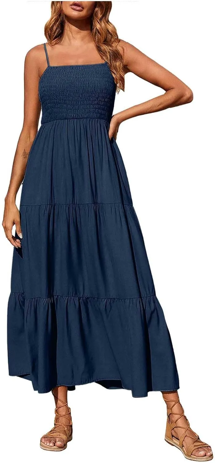 Midi Dresses for Women 2025 Summer Trendy Halter Boho Dress Casual Loose Pleated Beach Maxi Dress Long Sundresses