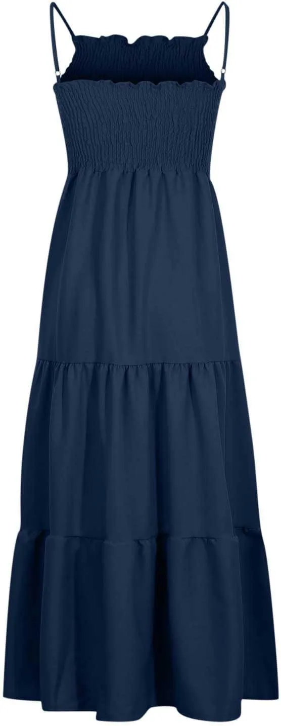 Midi Dresses for Women 2025 Summer Trendy Halter Boho Dress Casual Loose Pleated Beach Maxi Dress Long Sundresses