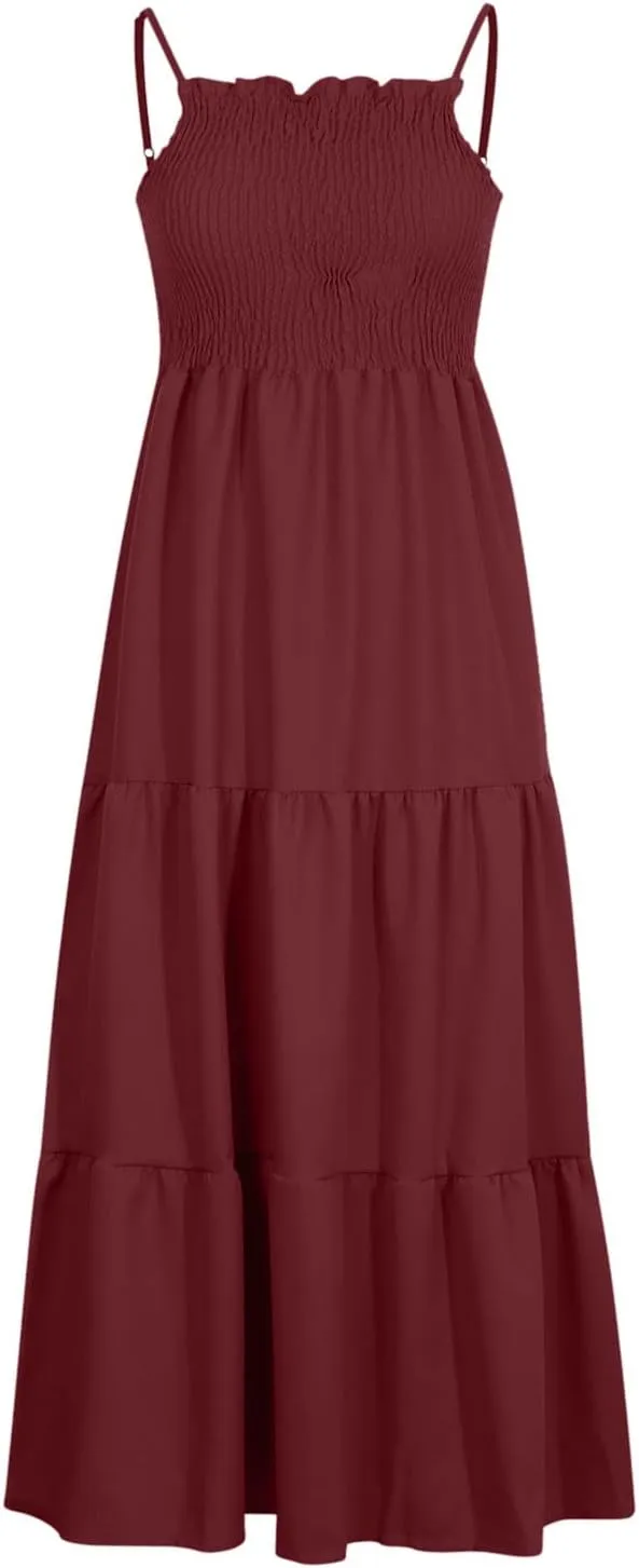 Midi Dresses for Women 2025 Summer Trendy Halter Boho Dress Casual Loose Pleated Beach Maxi Dress Long Sundresses
