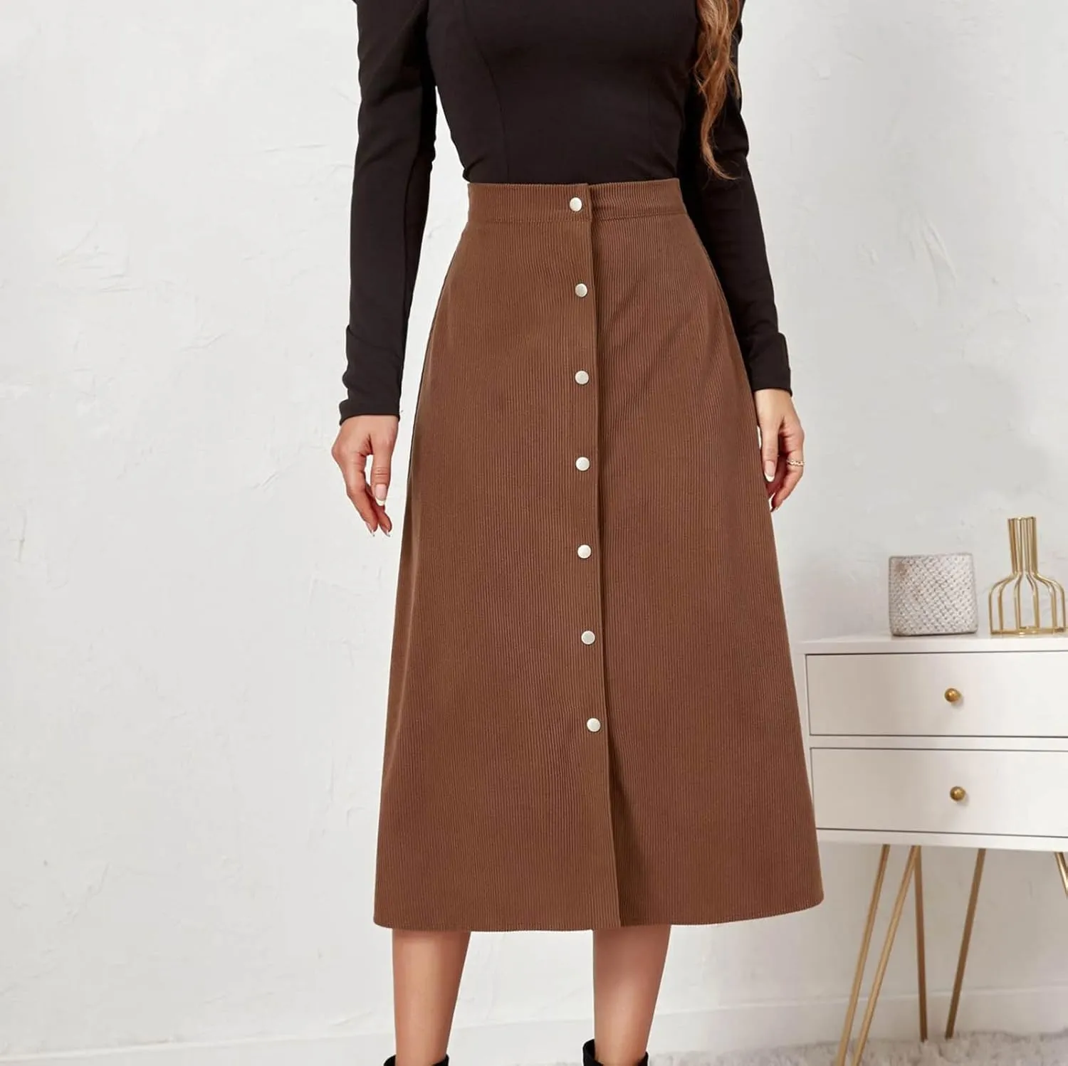 Midi Skirts for Women Trendy Corduroy Skirt Button Down High Waisted Dressy Business Casual A Line Elegant Dress 2025