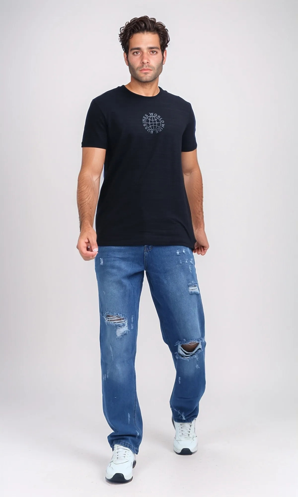 O199301 - Fashionable Cotton Ripped Jeans - Jeans Blue