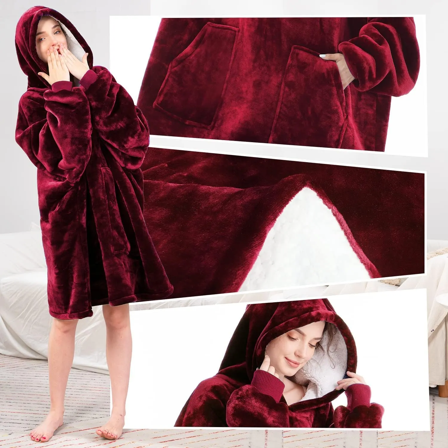 Oversized Wearable Blanket Sherpa Fleece Blanket Hoodie Comfortable Soft Warm Thick Big Hooded Sweatshirt Hoodie Blanket for Adults Women Girls Teenagers Teens Men (Pink, Adult Soft Thick)