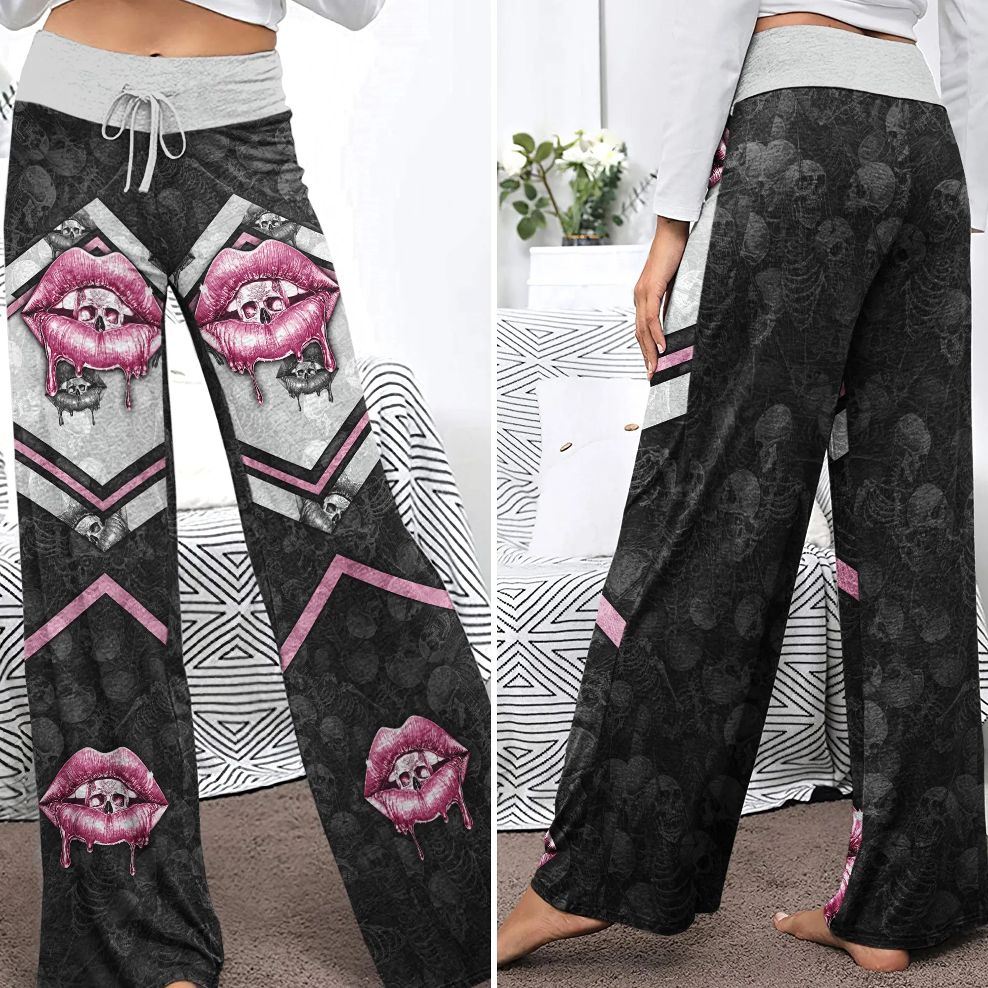 Pink Skull Lip Pattern Women's High-waisted Wide Leg Pants