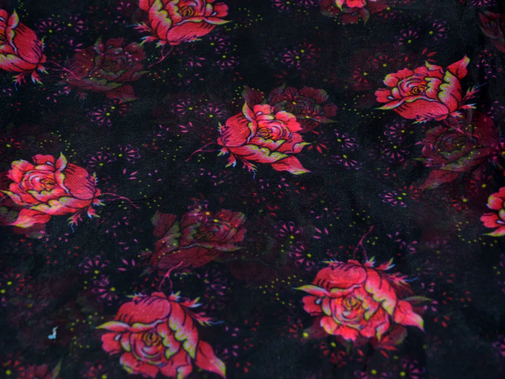 Precut of 1.5 Meter Black Floral Digital Printed Semi Organza Fabric