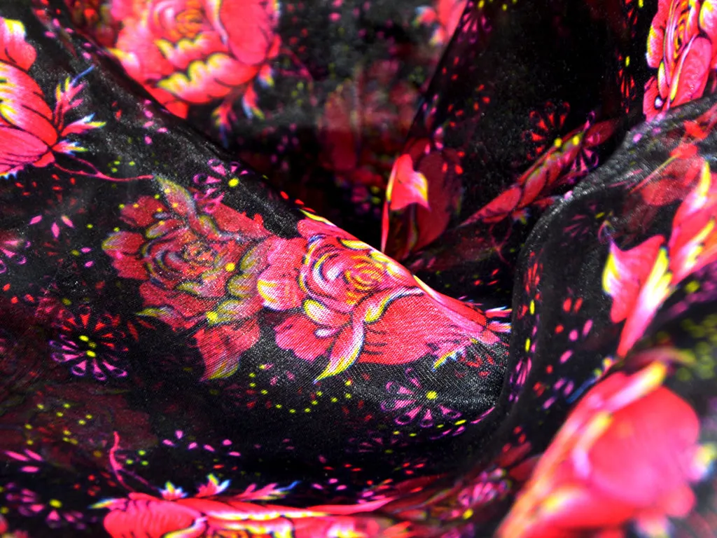 Precut of 1.5 Meter Black Floral Digital Printed Semi Organza Fabric