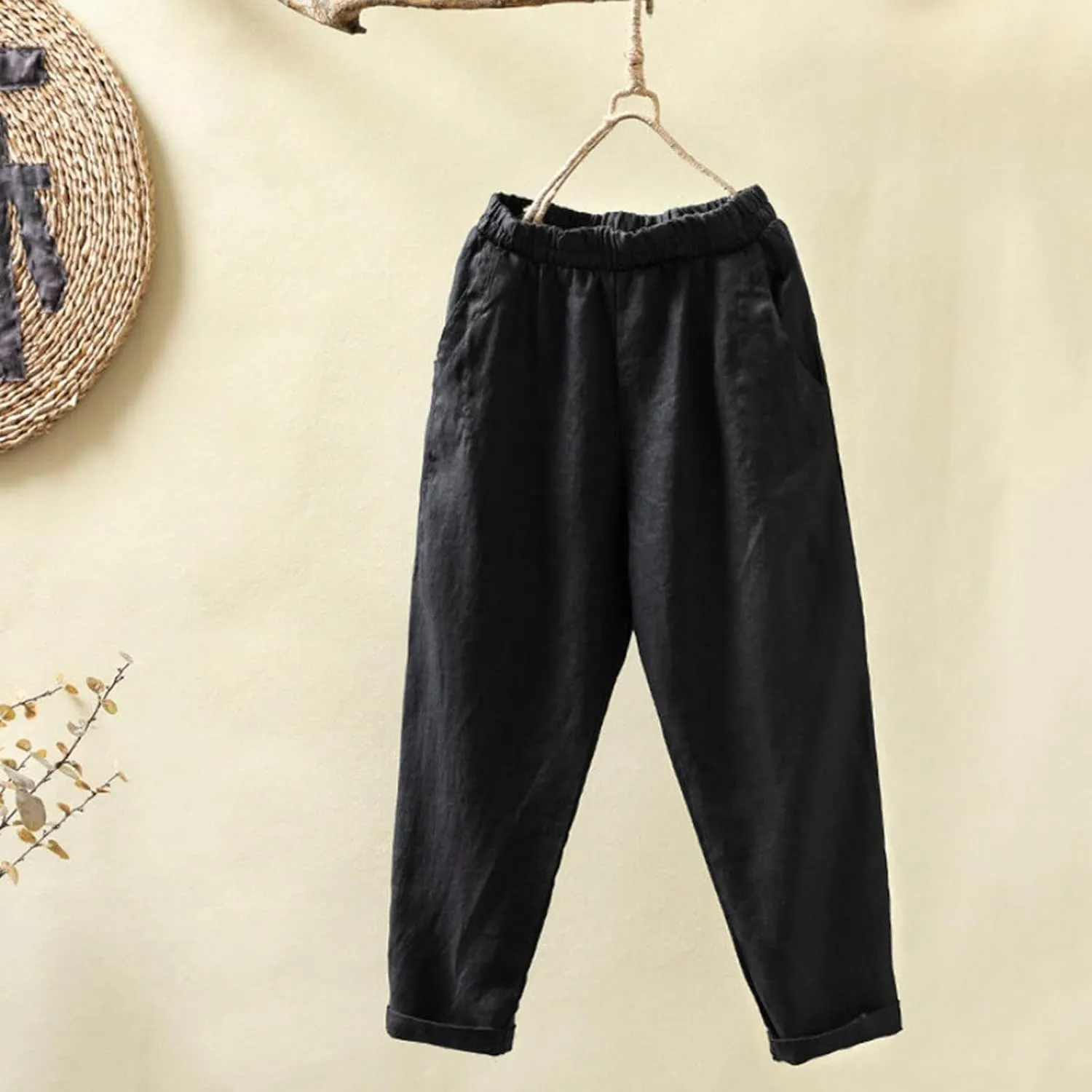 PTOLOCIF Cotton Linen Pants Women,Casual Cotton Linen Pants Lightweight Elastic Waist Pant Summer Lounge Drawstring Pants