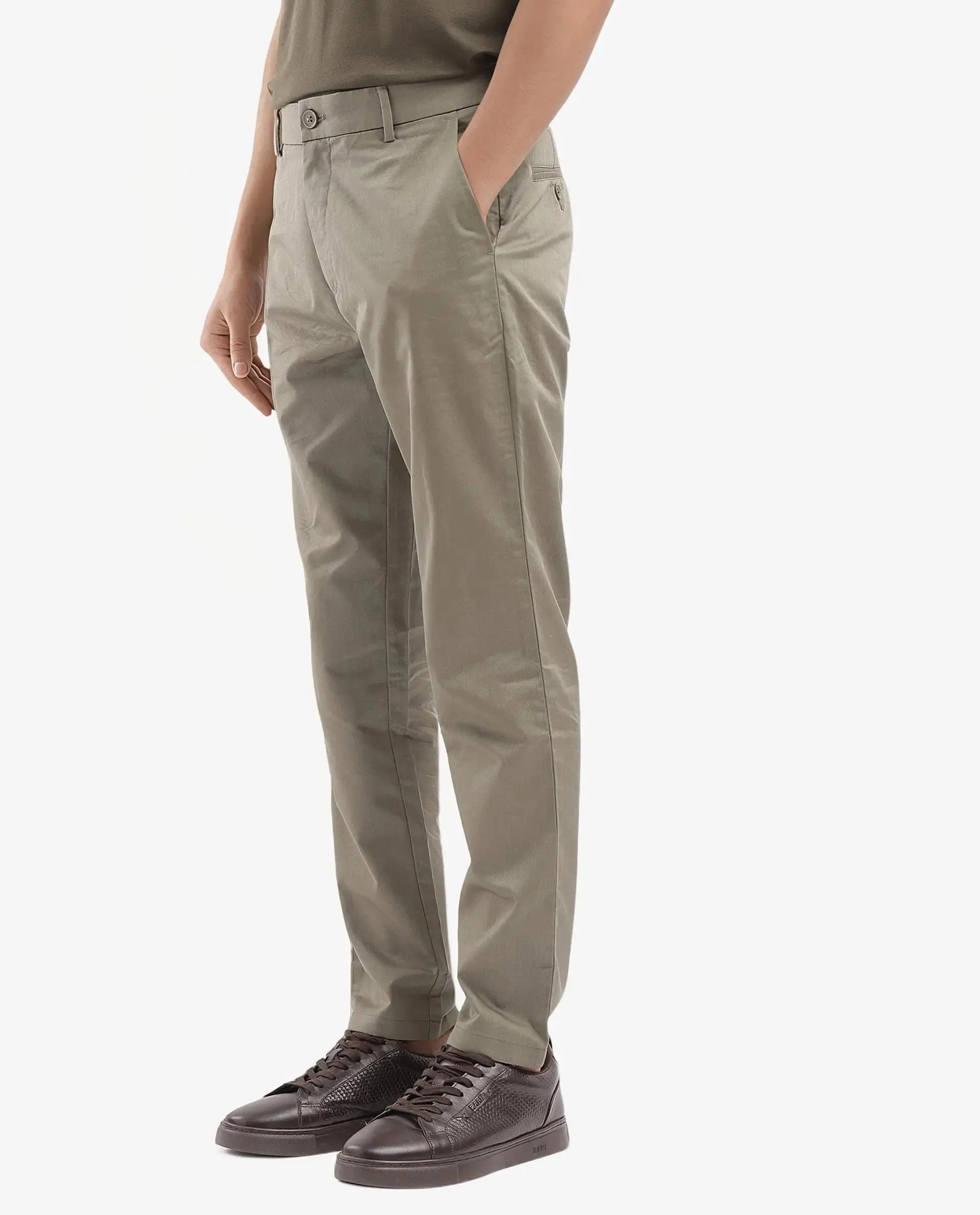 Rare Rabbit Men Ebert Olive Cotton Fabric Button Closure Mid Rise Regular Fit Plain Trouser