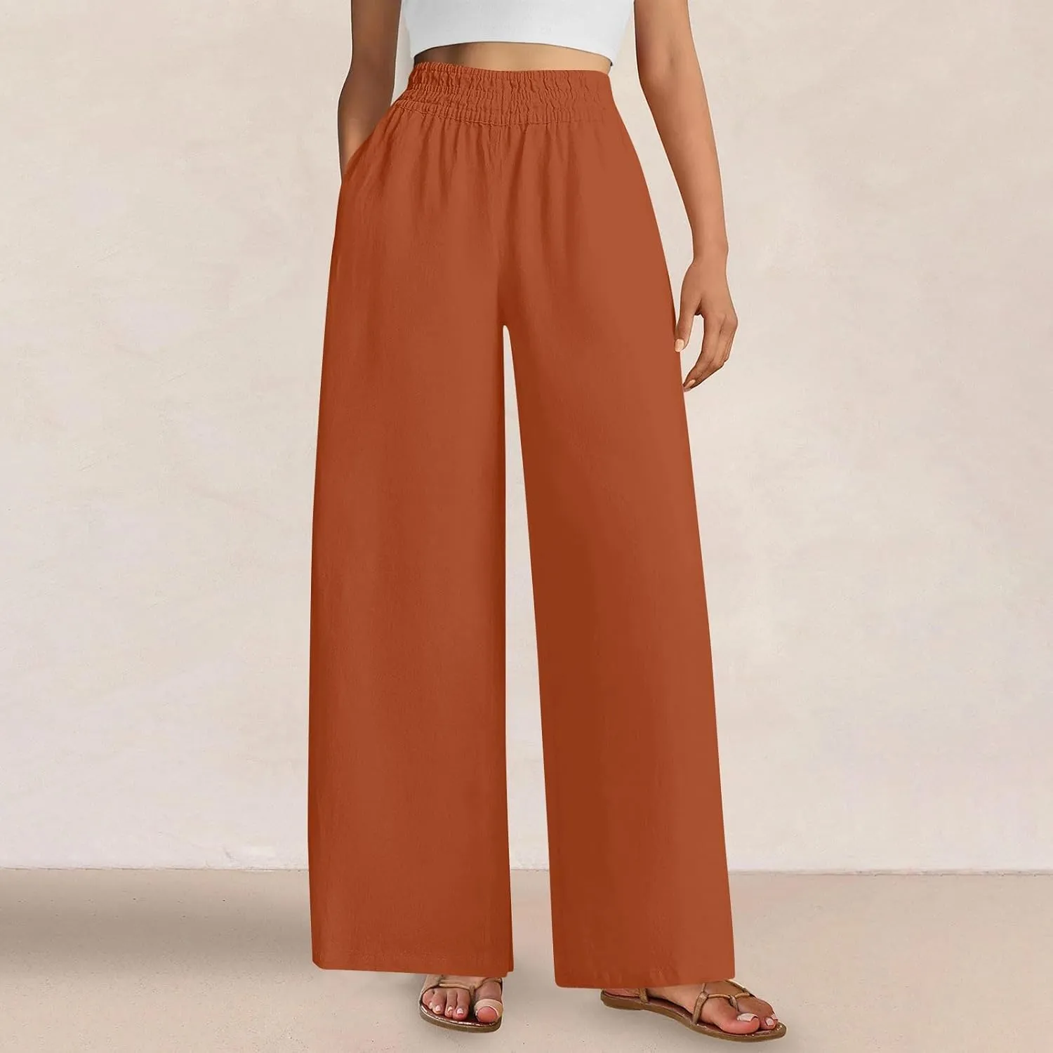 Summer Casual Loose Wide Leg Palazzo Pants for Womens Spring Linen Pants High Waist Flowy Beach Trousers Outfits