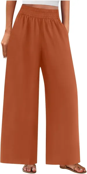 Summer Casual Loose Wide Leg Palazzo Pants for Womens Spring Linen Pants High Waist Flowy Beach Trousers Outfits