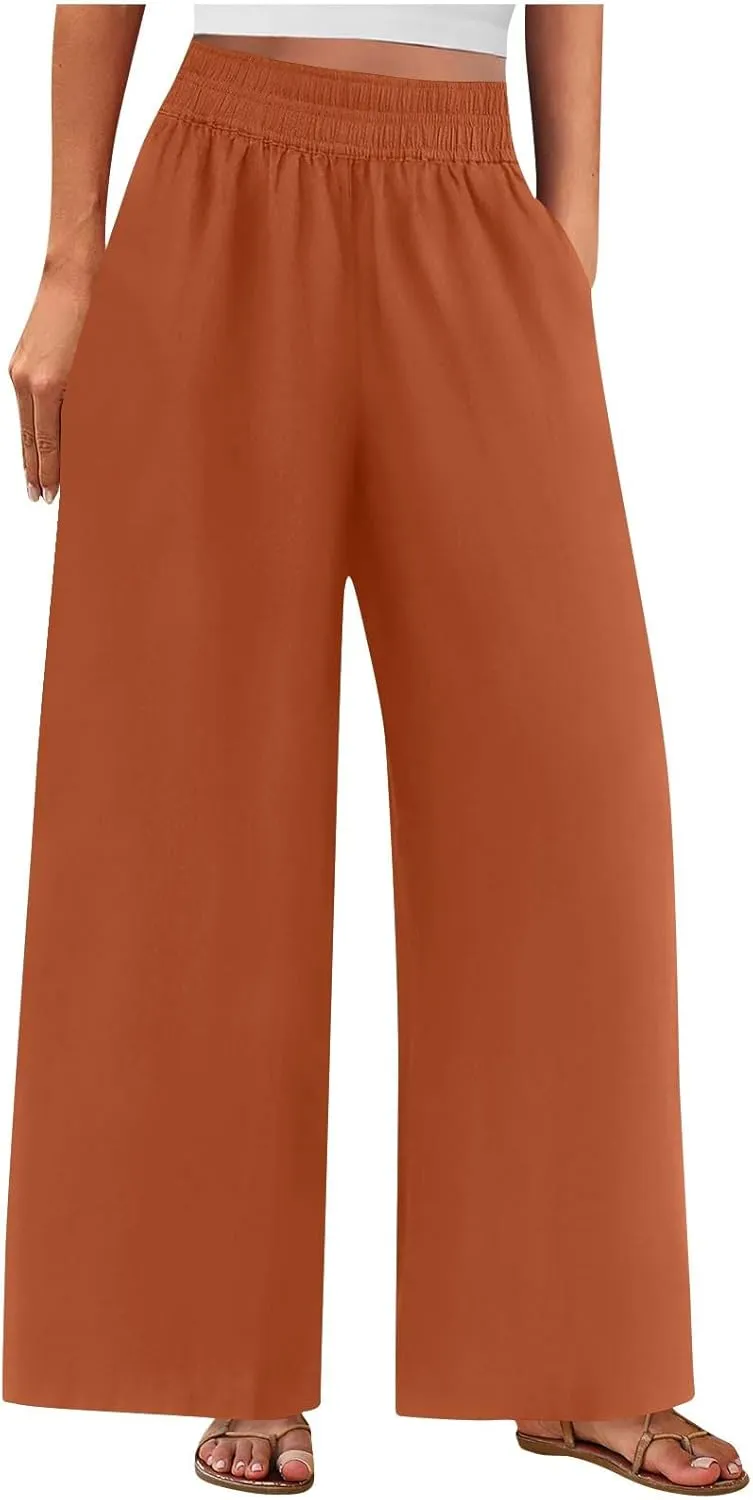 Summer Casual Loose Wide Leg Palazzo Pants for Womens Spring Linen Pants High Waist Flowy Beach Trousers Outfits