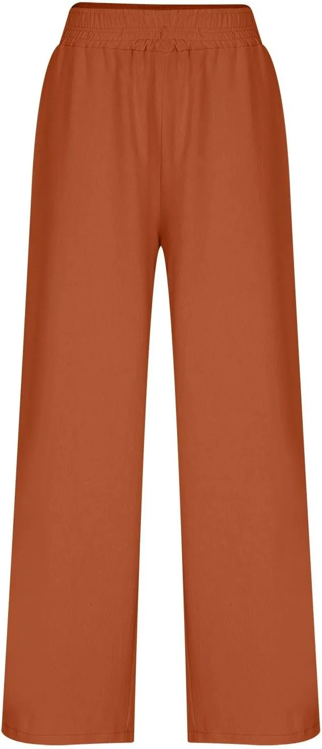 Summer Casual Loose Wide Leg Palazzo Pants for Womens Spring Linen Pants High Waist Flowy Beach Trousers Outfits