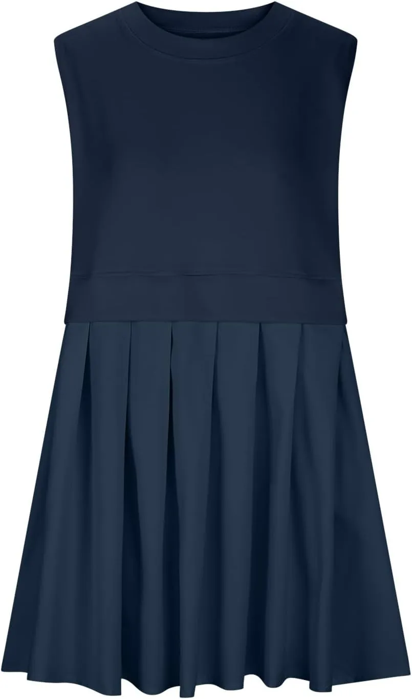 Summer Dresses for Women 2025 Casual Crew Neck Sleeveless Tank Mini Dress Color Block Ruffle Flowy Sundresses