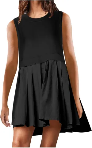 Summer Dresses for Women 2025 Casual Crew Neck Sleeveless Tank Mini Dress Color Block Ruffle Flowy Sundresses