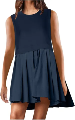 Summer Dresses for Women 2025 Casual Crew Neck Sleeveless Tank Mini Dress Color Block Ruffle Flowy Sundresses
