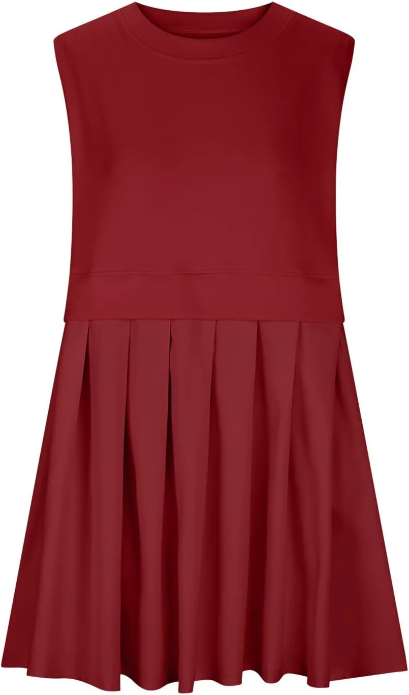 Summer Dresses for Women 2025 Casual Crew Neck Sleeveless Tank Mini Dress Color Block Ruffle Flowy Sundresses