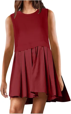 Summer Dresses for Women 2025 Casual Crew Neck Sleeveless Tank Mini Dress Color Block Ruffle Flowy Sundresses