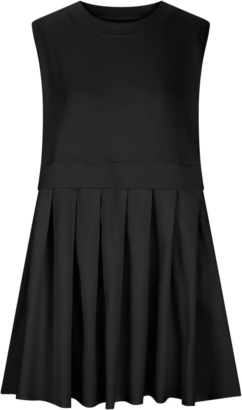 Summer Dresses for Women 2025 Casual Crew Neck Sleeveless Tank Mini Dress Color Block Ruffle Flowy Sundresses