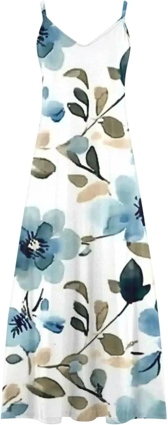 Summer Dresses for Women 2025 Casual Loose V Neck Halter Tank Long Dress Flowy Floral Boho Beach Maxi Sundresses