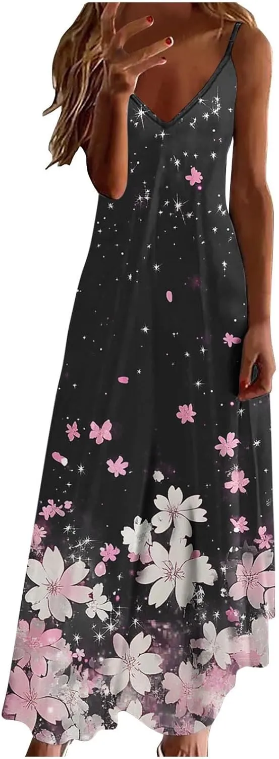 Summer Dresses for Women 2025 Casual Loose V Neck Halter Tank Long Dress Flowy Floral Boho Beach Maxi Sundresses