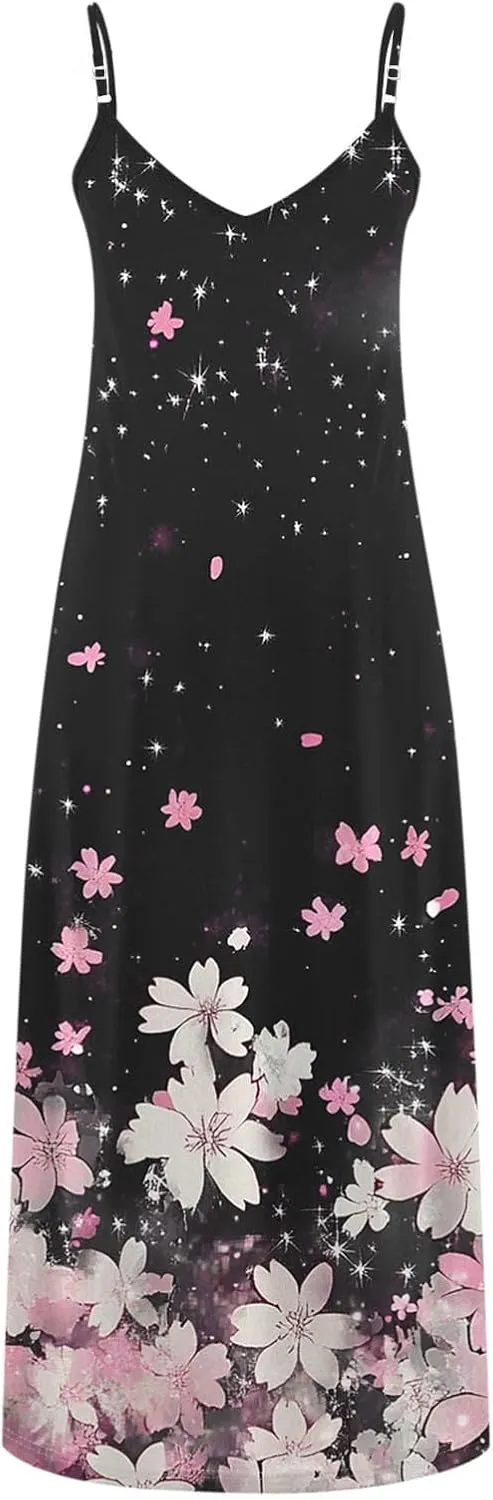 Summer Dresses for Women 2025 Casual Loose V Neck Halter Tank Long Dress Flowy Floral Boho Beach Maxi Sundresses