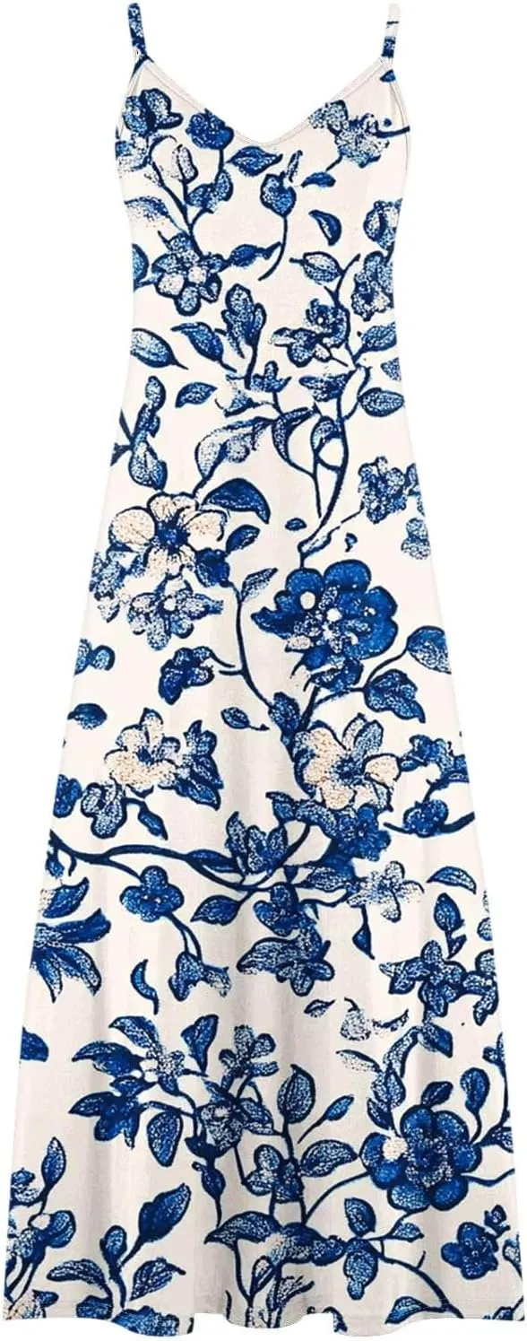 Summer Dresses for Women 2025 Casual Loose V Neck Halter Tank Long Dress Flowy Floral Boho Beach Maxi Sundresses