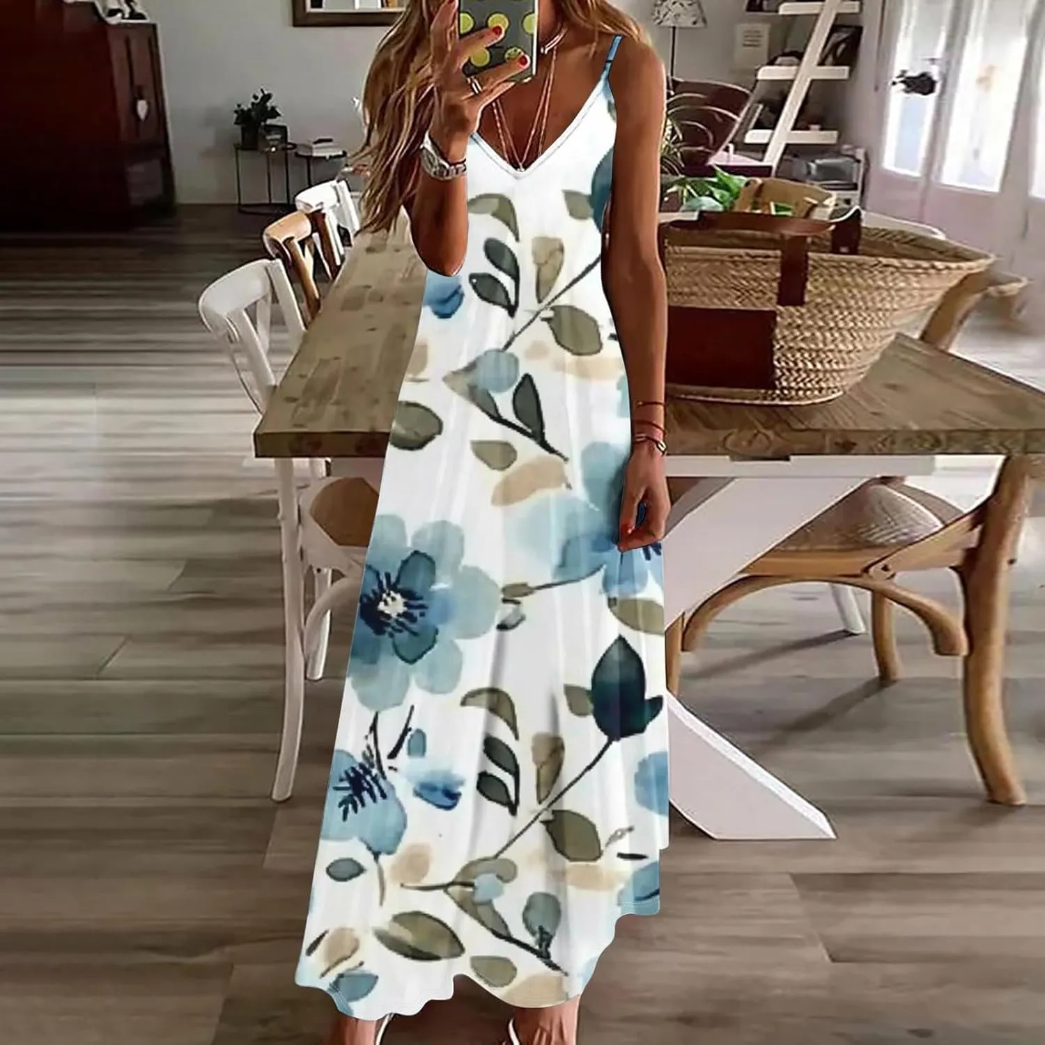 Summer Dresses for Women 2025 Casual Loose V Neck Halter Tank Long Dress Flowy Floral Boho Beach Maxi Sundresses