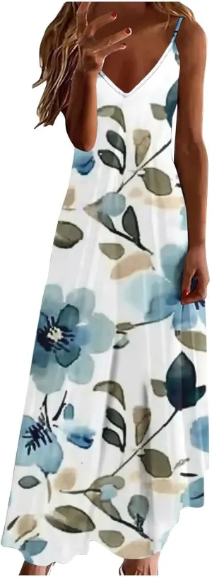 Summer Dresses for Women 2025 Casual Loose V Neck Halter Tank Long Dress Flowy Floral Boho Beach Maxi Sundresses