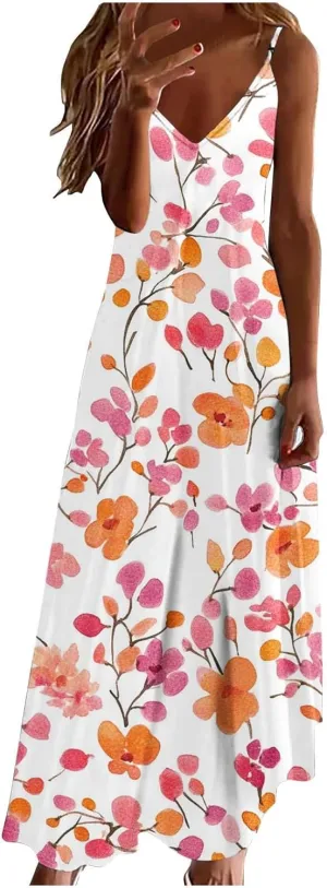 Summer Dresses for Women 2025 Casual Loose V Neck Halter Tank Long Dress Flowy Floral Boho Beach Maxi Sundresses