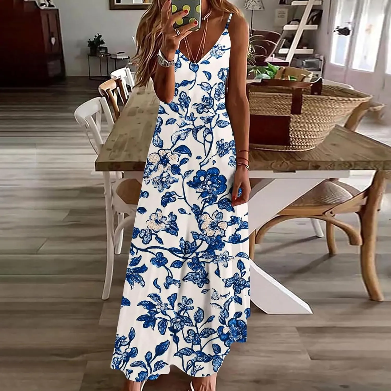 Summer Dresses for Women 2025 Casual Loose V Neck Halter Tank Long Dress Flowy Floral Boho Beach Maxi Sundresses