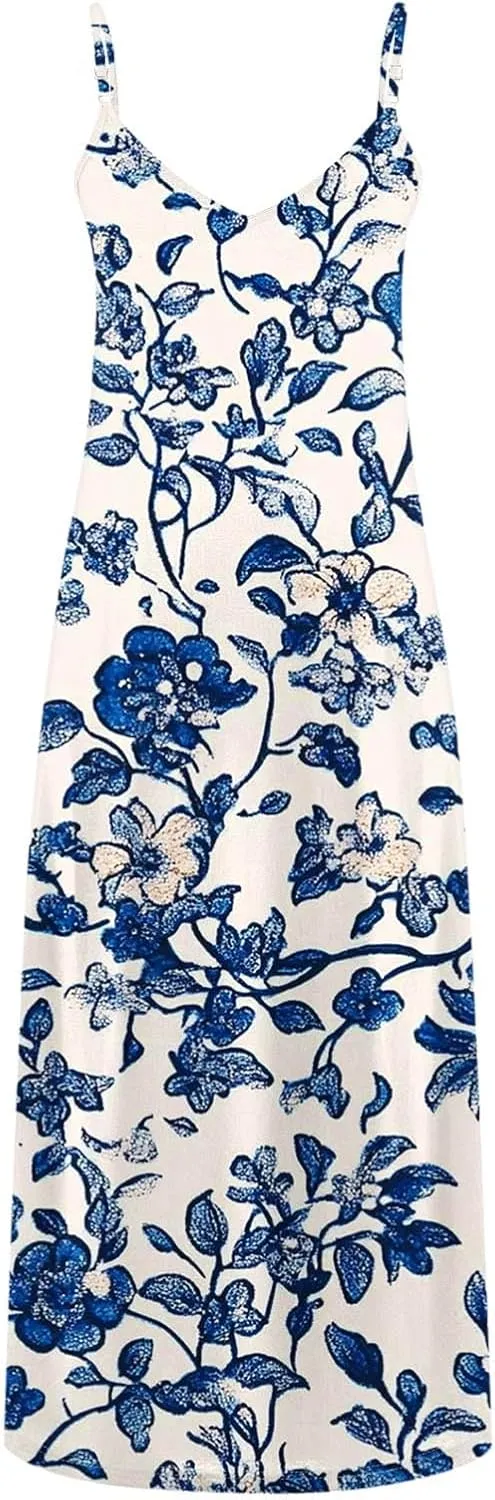 Summer Dresses for Women 2025 Casual Loose V Neck Halter Tank Long Dress Flowy Floral Boho Beach Maxi Sundresses