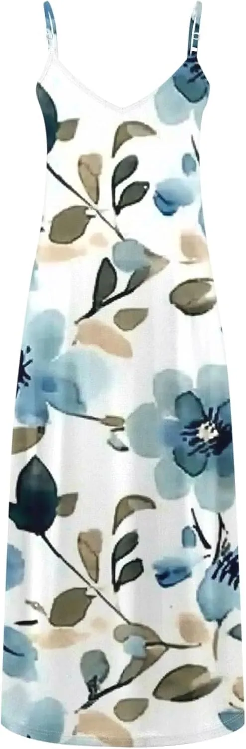 Summer Dresses for Women 2025 Casual Loose V Neck Halter Tank Long Dress Flowy Floral Boho Beach Maxi Sundresses